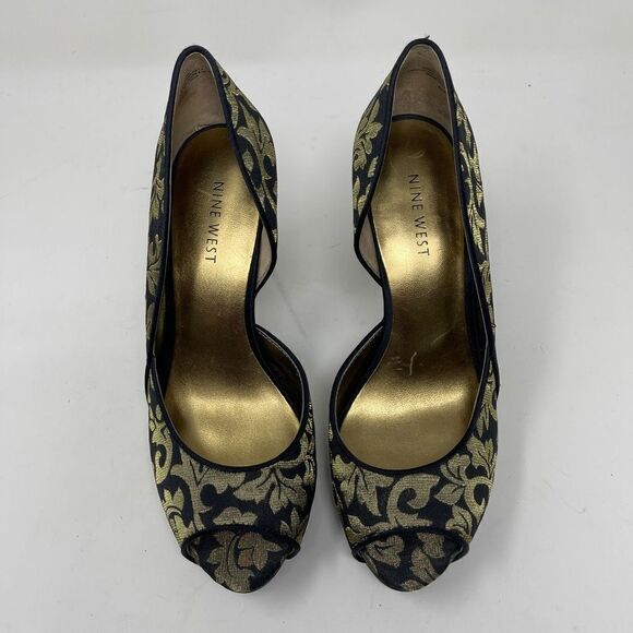 Nine West Women's Celestria D'Orsay Peep Toe Heels Slip On Black Gold Brocade 6M - Picture 2 of 9